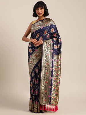 Navy & Gold-Toned Silk Blend Woven Design Banarasi Saree 1