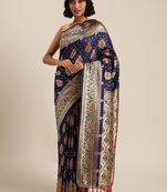 Navy & Gold-Toned Silk Blend Woven Design Banarasi Saree