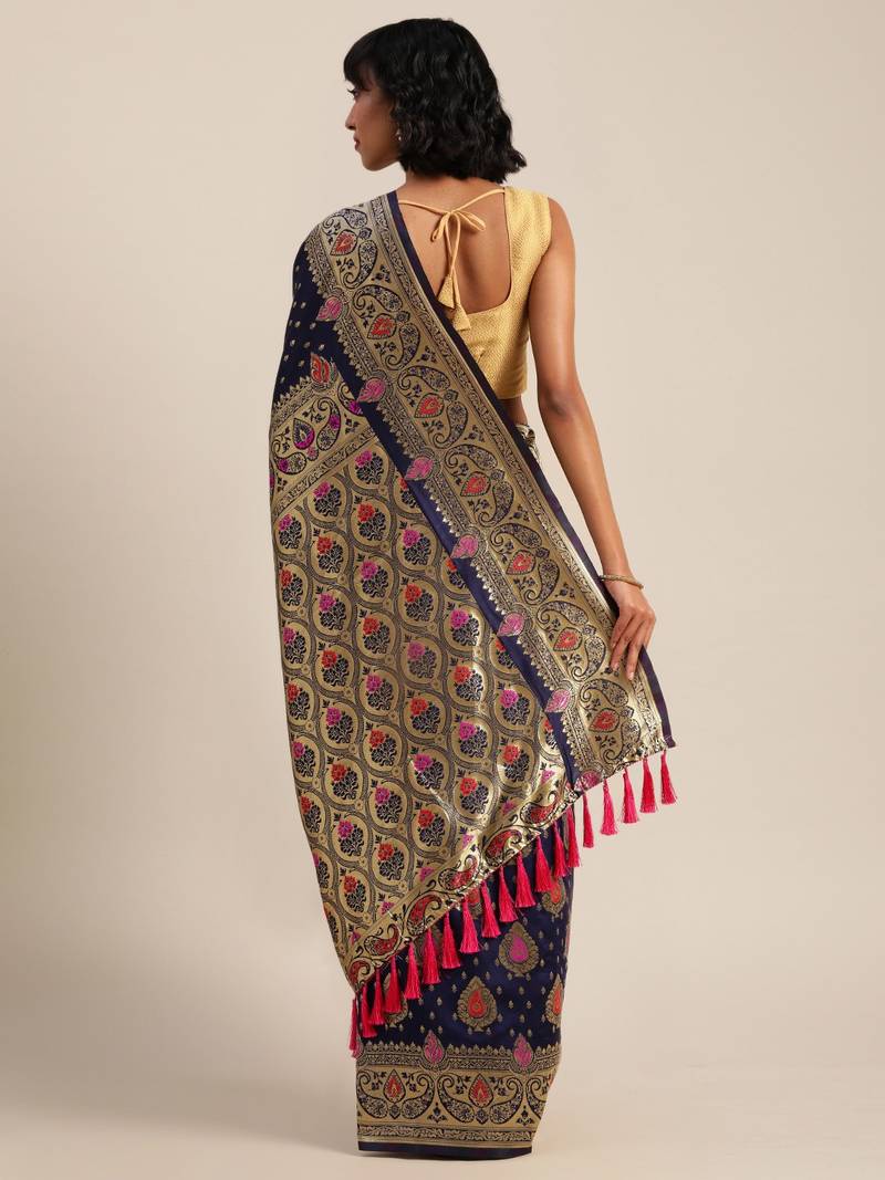 Navy & Gold-Toned Silk Blend Woven Design Banarasi Saree