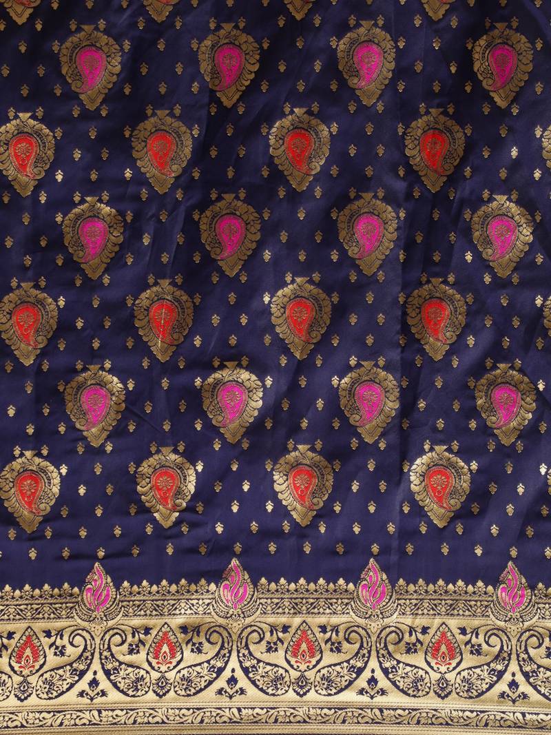 Navy & Gold-Toned Silk Blend Woven Design Banarasi Saree