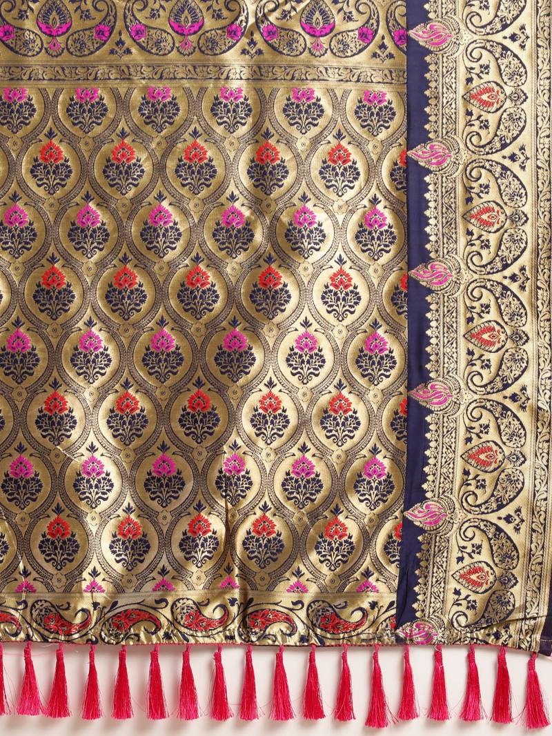 Navy & Gold-Toned Silk Blend Woven Design Banarasi Saree