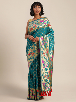 Teal Green & Gold-Toned Silk Blend Woven Design Banarasi Saree 1