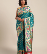Teal Green & Gold-Toned Silk Blend Woven Design Banarasi Saree