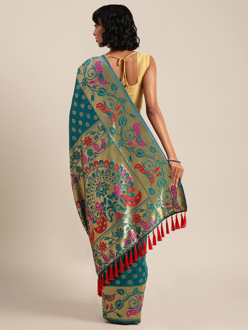 Teal Green & Gold-Toned Silk Blend Woven Design Banarasi Saree