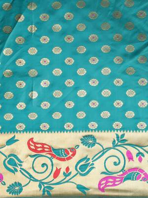 Teal Green & Gold-Toned Silk Blend Woven Design Banarasi Saree 3