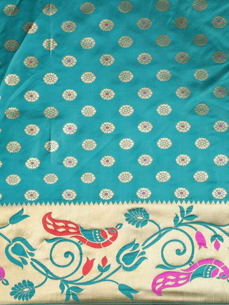 Teal Green & Gold-Toned Silk Blend Woven Design Banarasi Saree