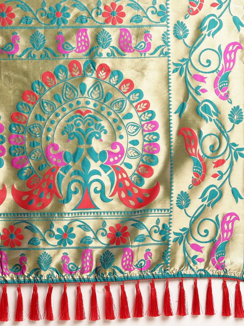 Teal Green & Gold-Toned Silk Blend Woven Design Banarasi Saree