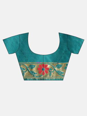 Teal Green & Gold-Toned Silk Blend Woven Design Banarasi Saree 5