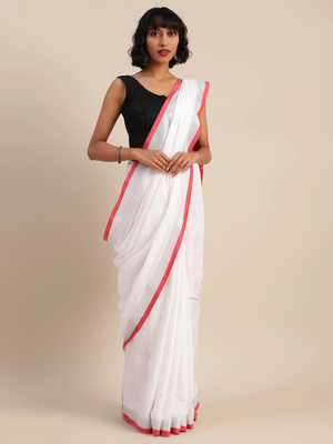 White & Red Cotton Blend Solid Bhagalpuri Saree 1