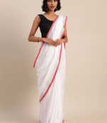 White & Red Cotton Blend Solid Bhagalpuri Saree
