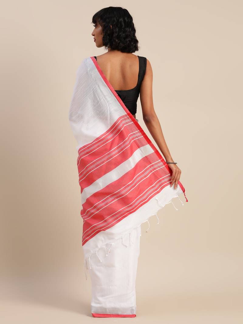 White & Red Cotton Blend Solid Bhagalpuri Saree