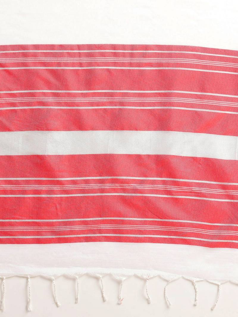 White & Red Cotton Blend Solid Bhagalpuri Saree