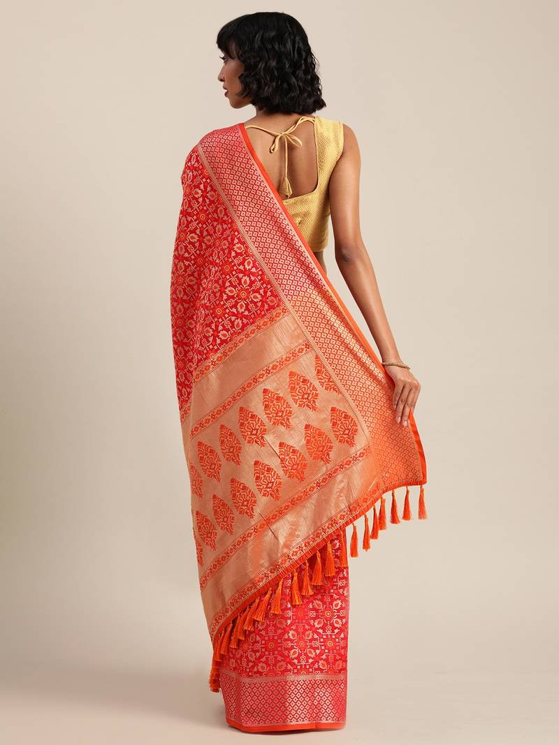 Red & Orange Silk Blend Woven Design Patola Saree