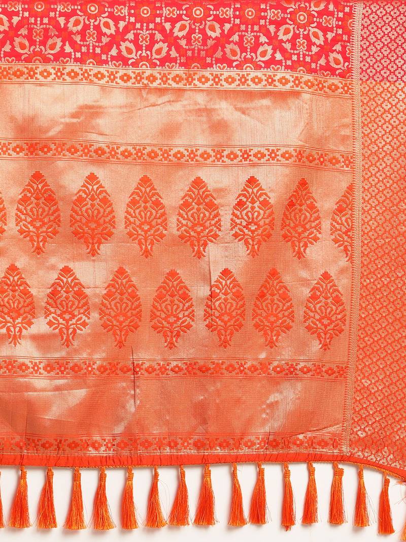 Red & Orange Silk Blend Woven Design Patola Saree