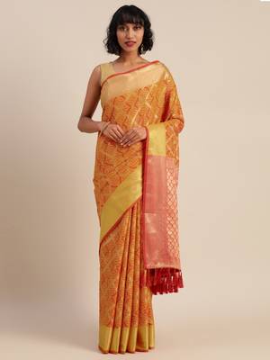 Yellow & Red Silk Blend Woven Design Patola Saree 1