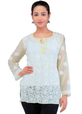 Lavangi Women Lucknowi Chikankari Chiffon Short Top (Lemon Yellow) 1