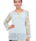 Lavangi Women Lucknowi Chikankari Chiffon Short Top (Lemon Yellow)