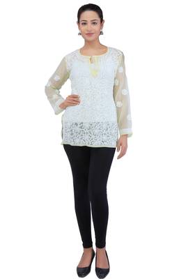 Lavangi Women Lucknowi Chikankari Chiffon Short Top (Lemon Yellow) 2