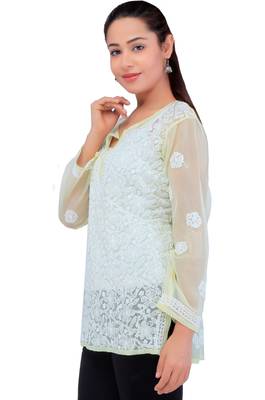 Lavangi Women Lucknowi Chikankari Chiffon Short Top (Lemon Yellow) 3