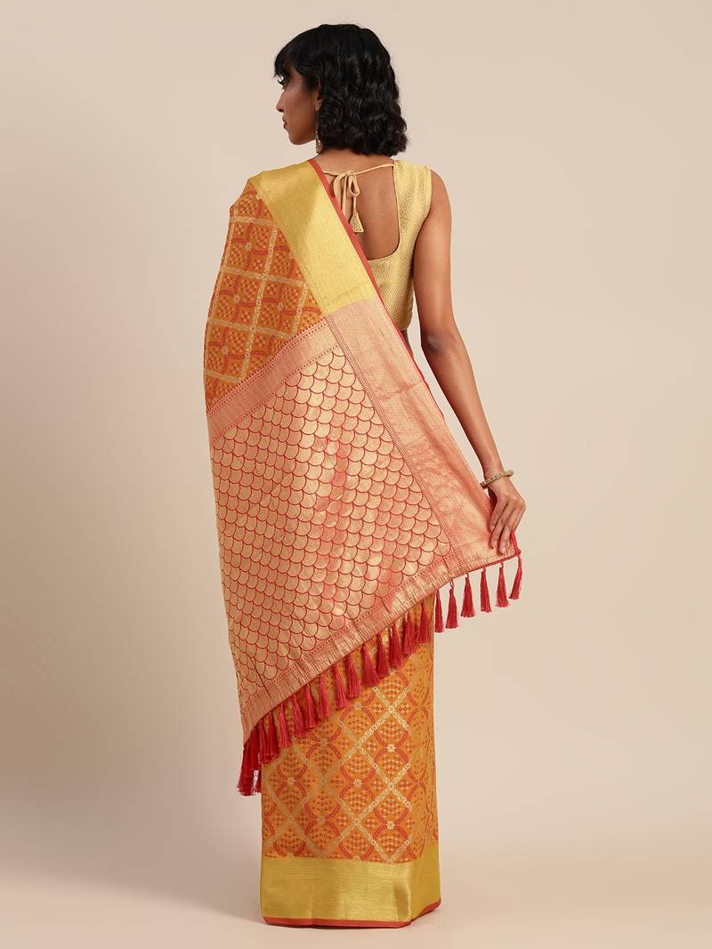 Yellow & Red Silk Blend Woven Design Patola Saree