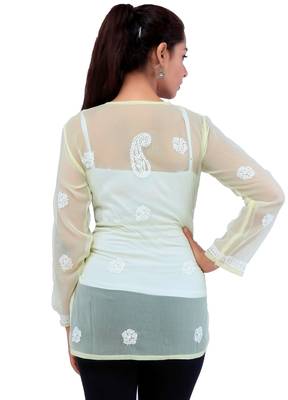Lavangi Women Lucknowi Chikankari Chiffon Short Top (Lemon Yellow) 4
