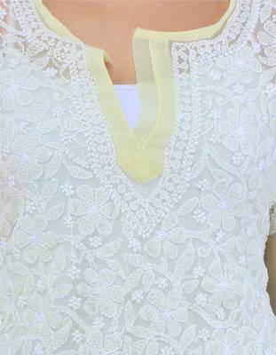 Lavangi Women Lucknowi Chikankari Chiffon Short Top (Lemon Yellow) 5