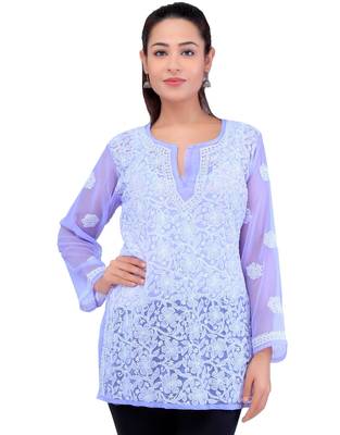 Lavangi Women Lucknowi Chikankari Chiffon Short Top (Mauve) 1