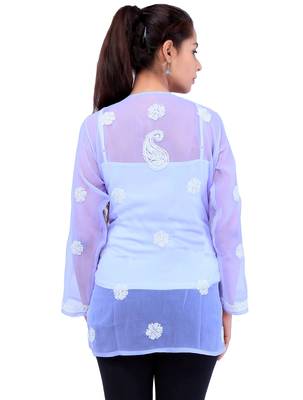 Lavangi Women Lucknowi Chikankari Chiffon Short Top (Mauve) 4