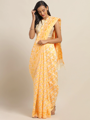 Yellow & Off-White Silk Cotton Printed Jamdani Saree 1