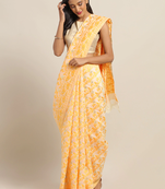 Yellow & Off-White Silk Cotton Printed Jamdani Saree
