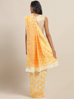Yellow & Off-White Silk Cotton Printed Jamdani Saree 2