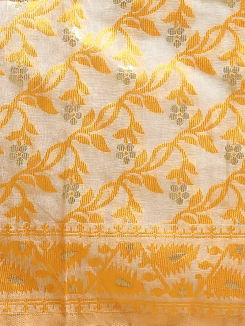 Yellow & Off-White Silk Cotton Printed Jamdani Saree