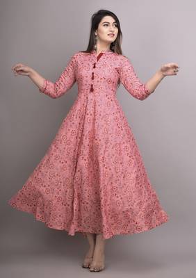 Peach Printed Rayon Anarkali Kurti 1