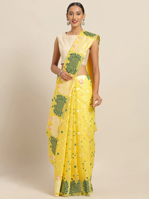 Yellow & Green Silk Cotton Printed Jamdani Saree 1