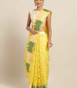 Yellow & Green Silk Cotton Printed Jamdani Saree