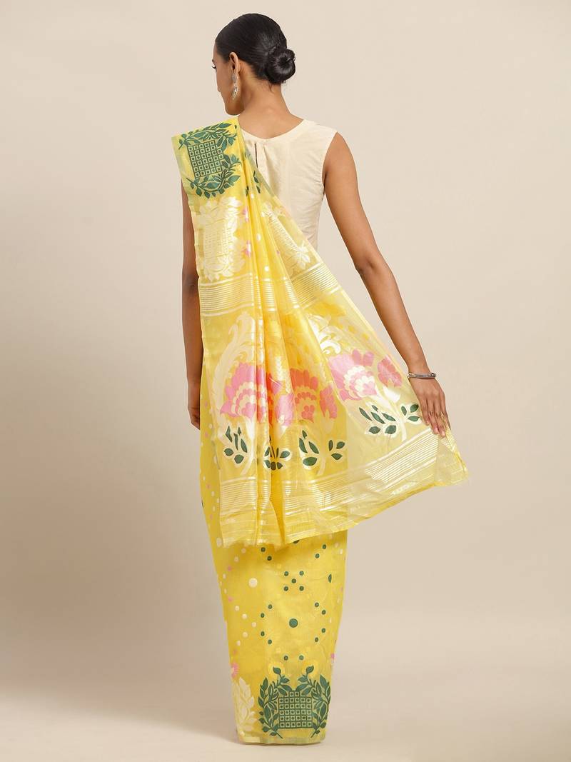 Yellow & Green Silk Cotton Printed Jamdani Saree