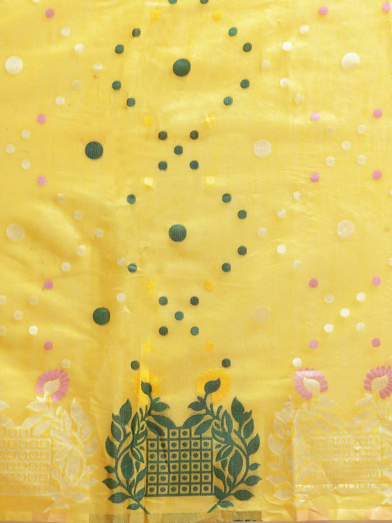 Yellow & Green Silk Cotton Printed Jamdani Saree