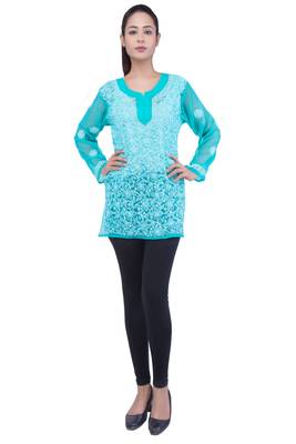 Lavangi Women Lucknowi Chikankari Chiffon Short Top (Sea Green) 2