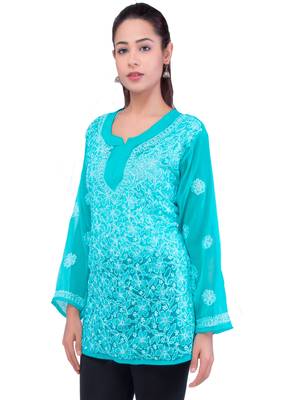 Lavangi Women Lucknowi Chikankari Chiffon Short Top (Sea Green) 3