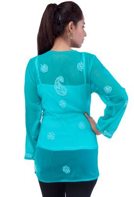 Lavangi Women Lucknowi Chikankari Chiffon Short Top (Sea Green) 4
