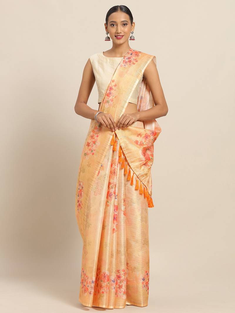 Yellow & Red Art Silk Printed Maheshwari Saree