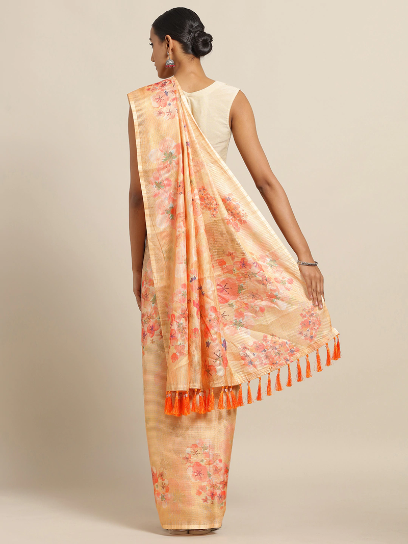 Yellow & Red Art Silk Printed Maheshwari Saree