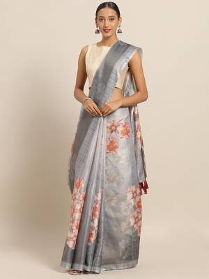 Grey & Red Art Silk Printed Maheshwari Saree 1