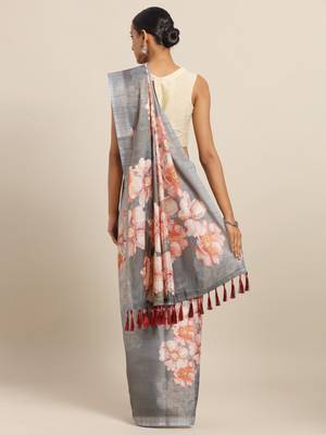 Grey & Red Art Silk Printed Maheshwari Saree 2