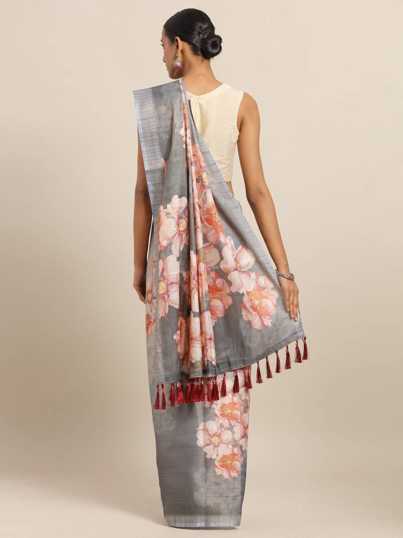 Grey & Red Art Silk Printed Maheshwari Saree