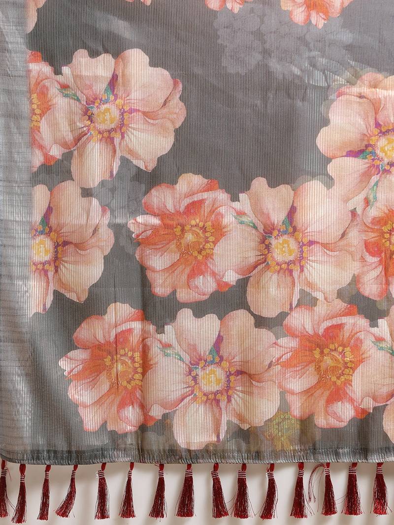 Grey & Red Art Silk Printed Maheshwari Saree