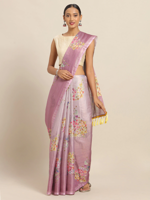 Lavender & Pink Art Silk Printed Maheshwari Saree 1