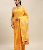 Yellow & Gold-Toned Silk Blend Checked Banarasi Saree