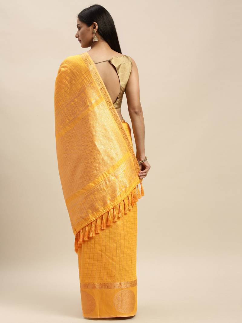 Yellow & Gold-Toned Silk Blend Checked Banarasi Saree