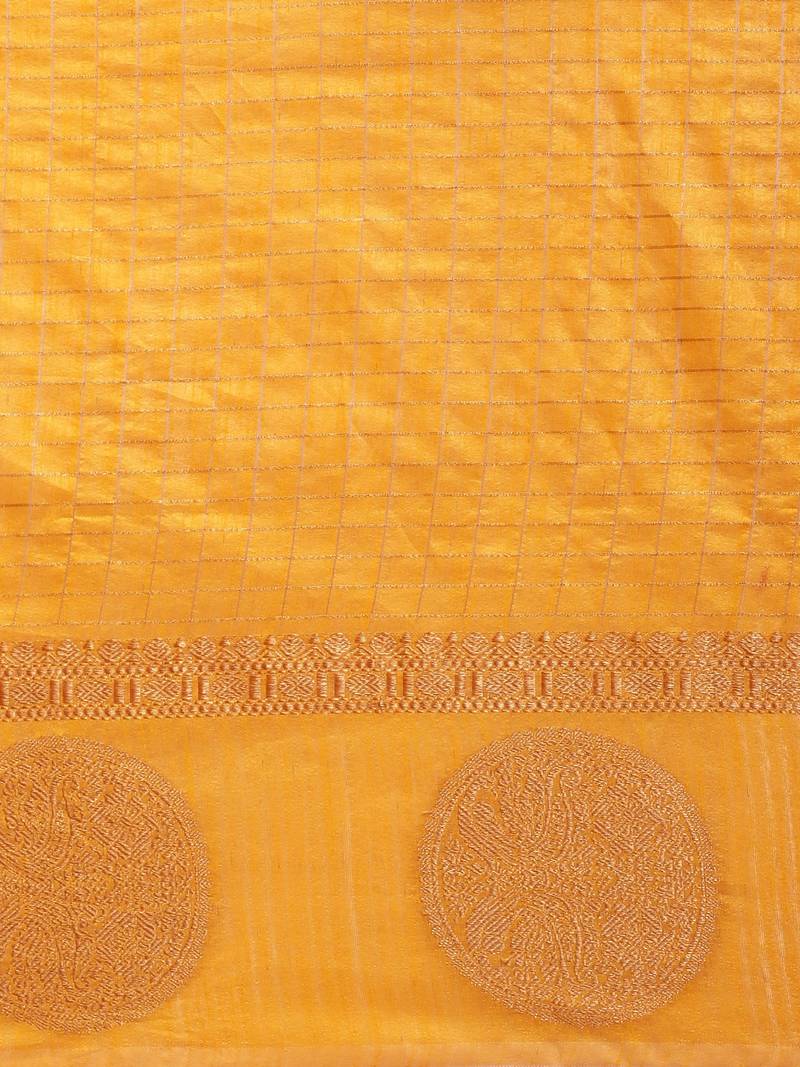 Yellow & Gold-Toned Silk Blend Checked Banarasi Saree